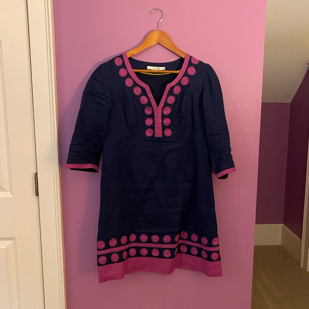 Boden blue and purple dress size 10 petite. So comfortable!